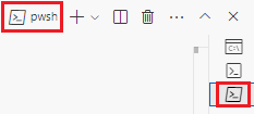 Screenshot of the Visual Studio Code terminal window, with the pwsh option displayed in the shell dropdown list.