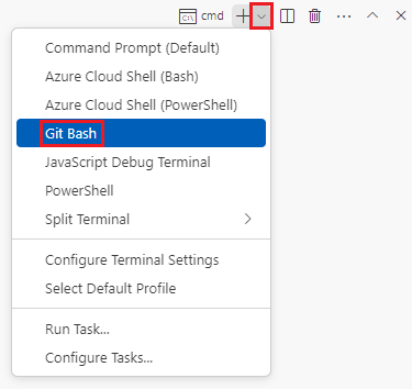 Screenshot of the Visual Studio Code terminal window, with the terminal shell dropdown shown and Azure Cloud Shell (bash) selected.