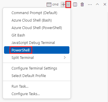 Screenshot of the Visual Studio Code terminal window, with the terminal shell dropdown shown and powershell selected.