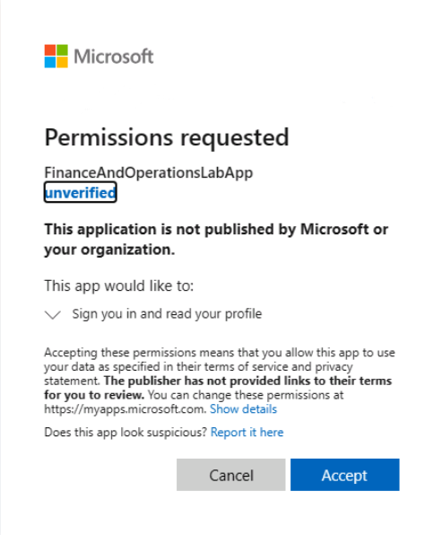 Screenshot of the Permissions requested page.