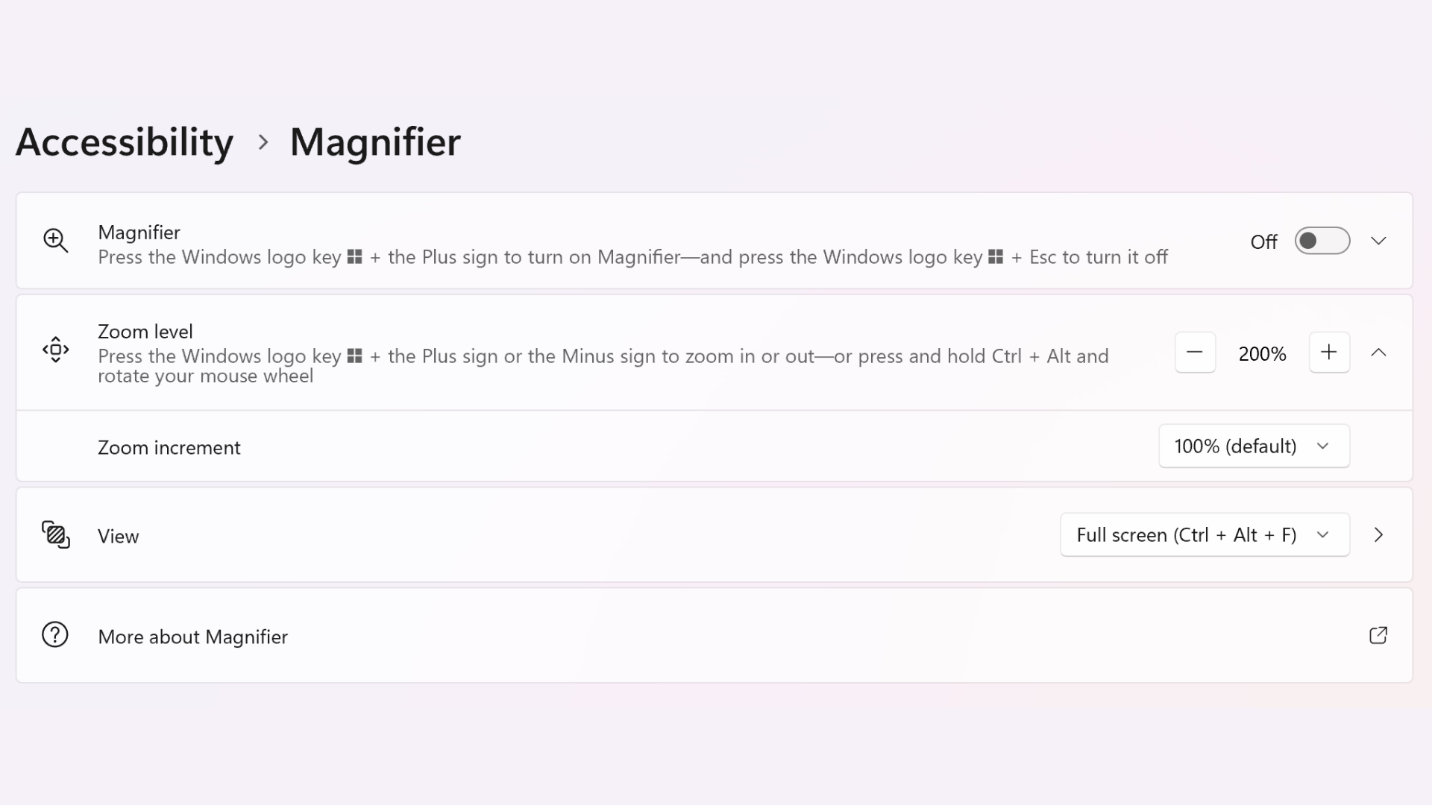 Screenshot of Magnifier settings on a Surface device, found within the Accessibility settings menu.