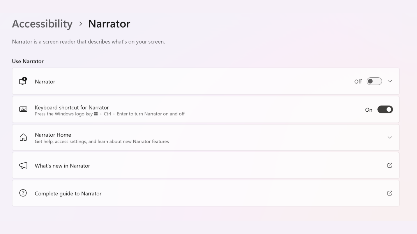 Screenshot of Narrator settings on a Surface device, found within the Accessibility settings menu.