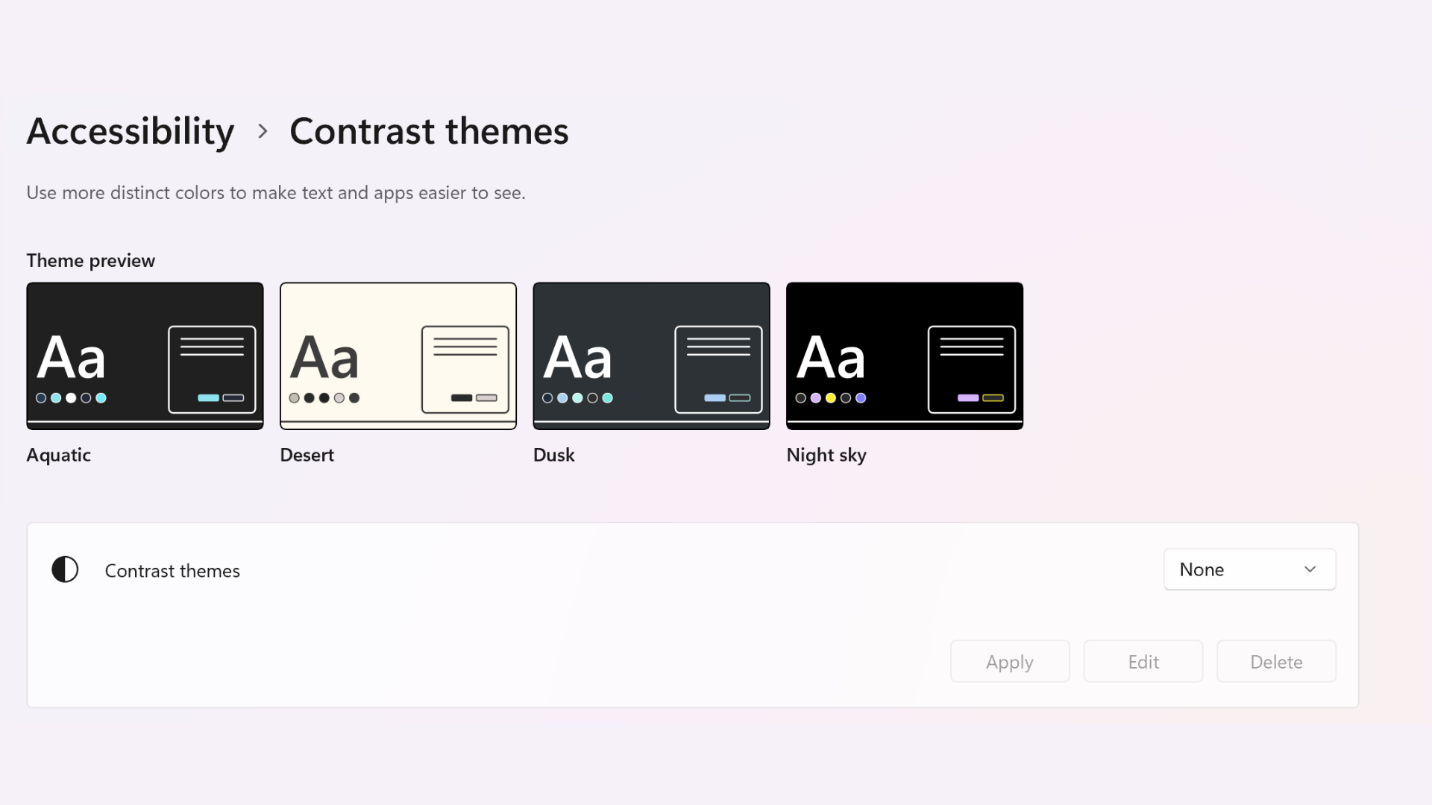 Screenshot of contrast themes settings on a Surface device.