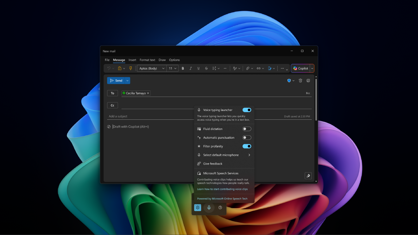 Screenshot of Fluid Dictation settings within Voice Access on a Surface device.