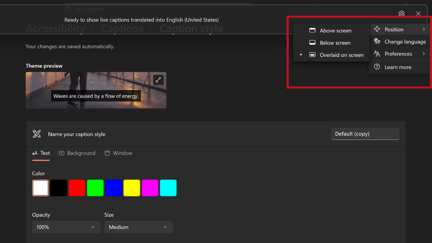Screenshot of Live Captions overlay settings on a Surface device, allowing the option of where captions are displayed.