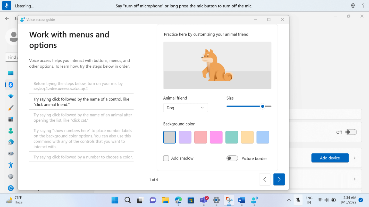 Screenshot of Voice Access settings on a Surface device to help users control their PC using voice commands.