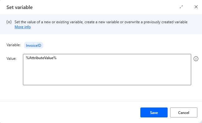 Screenshot of the filled-in Set variable dialog.