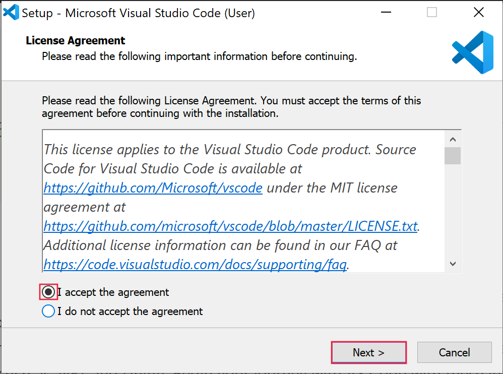 Screenshot of the accept agreement dialogue box in the Visual Studio Code installation process.