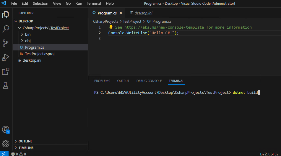Screenshot showing the dotnet build command entered in the Visual Studio Code terminal panel.