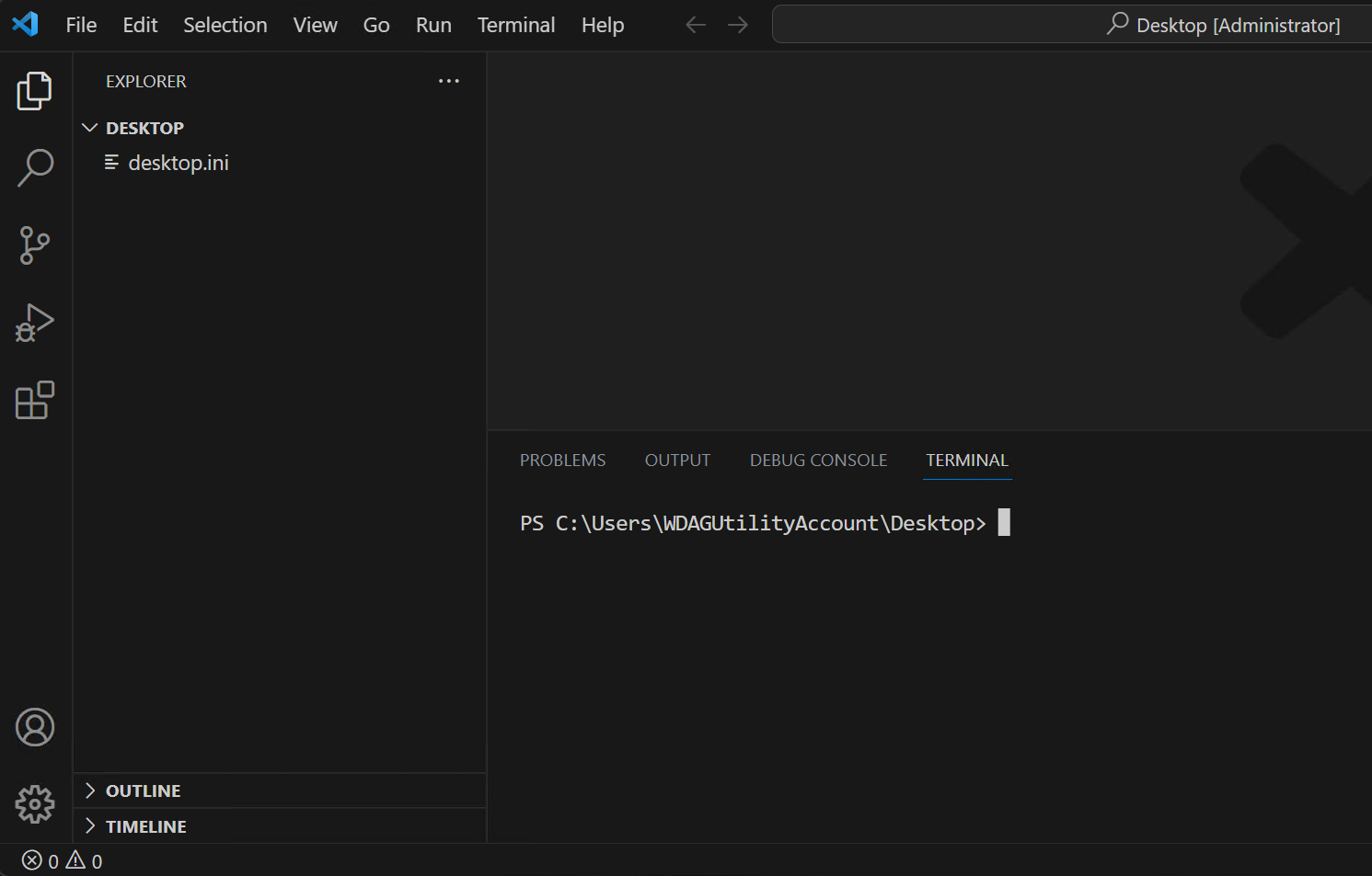 Screenshot showing the command prompt in the Visual Studio Code terminal panel.