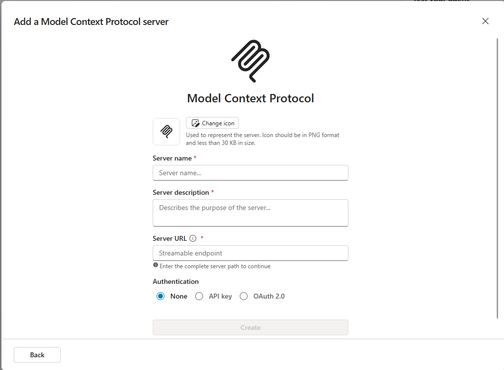 Screenshot of the Add a Model Context Protocol server window in Copilot Studio.