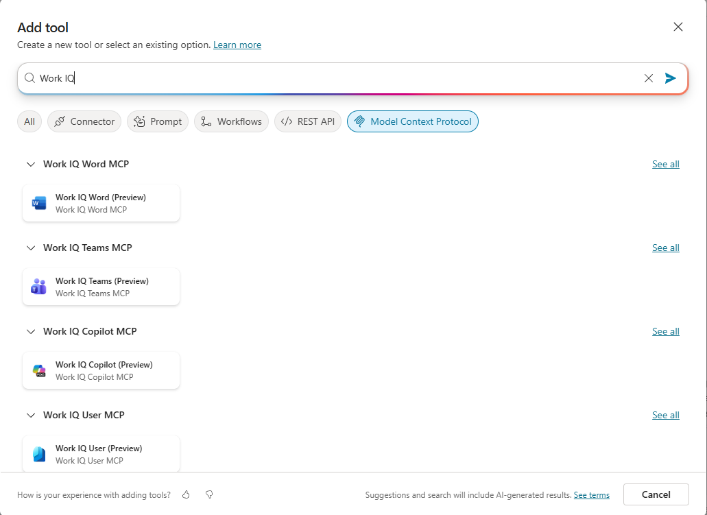 Screenshot of the Add a Tool window in Copilot Studio listing available Work IQ MCP tools.