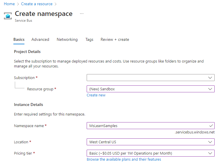 Screenshot of appropriate details for namespace and Create button.