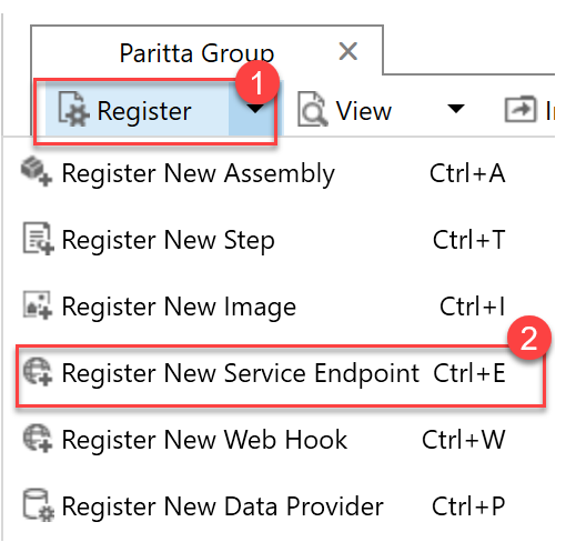 Screenshot of Register and Register New Service Endpoint values.