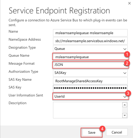 Screenshot of the service endpoint registration details.