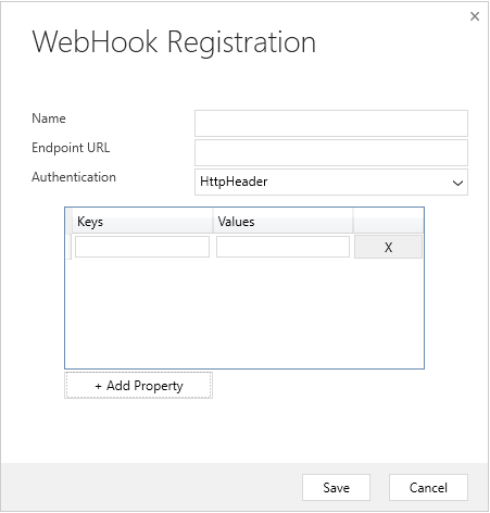 Screenshot of the WebHook Registration + Add Property button.
