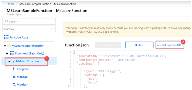 Screenshot of MsLearnFunction > Get function URL