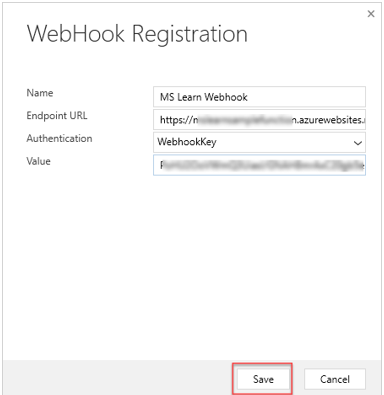 Screenshot of the WebHook Registration with values entered.