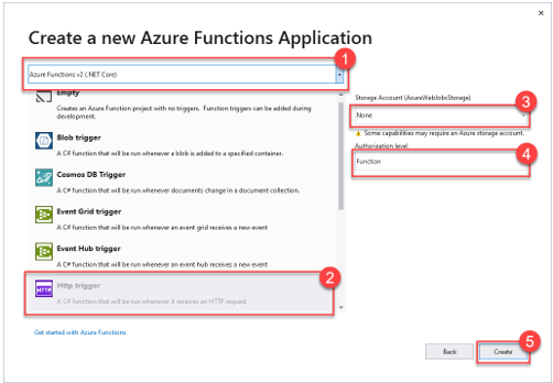 Screenshot of Create new Azure function application steps.
