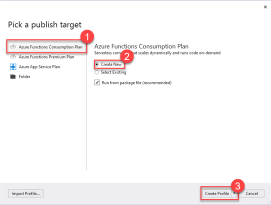 Screenshot of Azure Functions Consumption Plan, Create New  and Create Profile button.