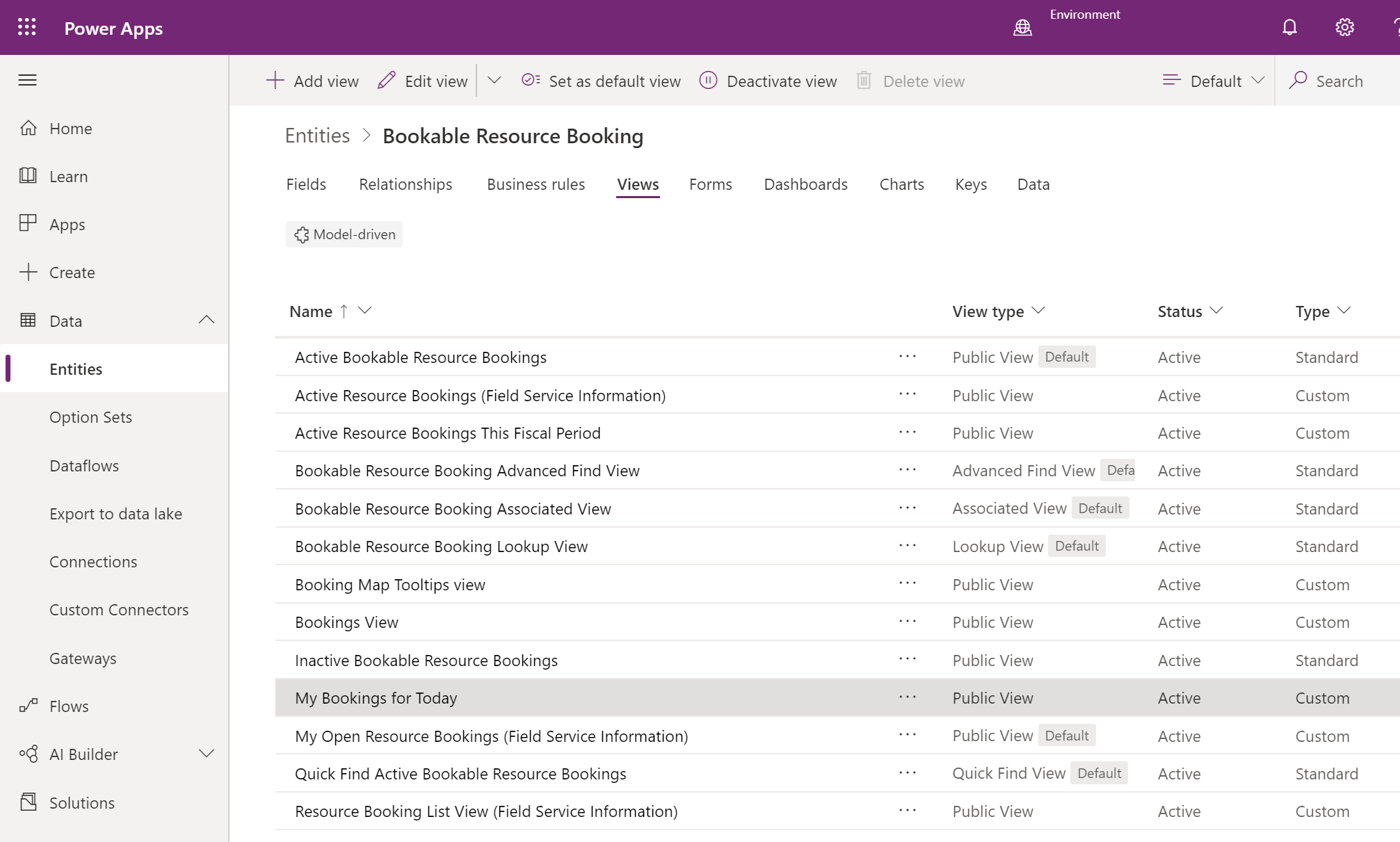 Screenshot of Bookable Resource Booking entity with In progress status.