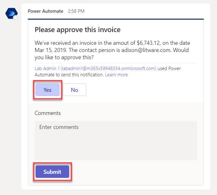 Screenshot of Microsoft Teams card approval request.