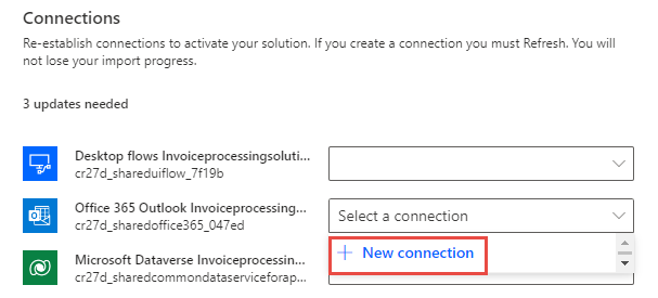 Screenshot showing the New connection option for Office 365 in the Connections area.