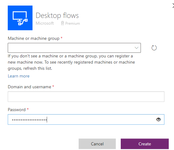 Screenshot of the Desktop flows dialog, showing the Create button.