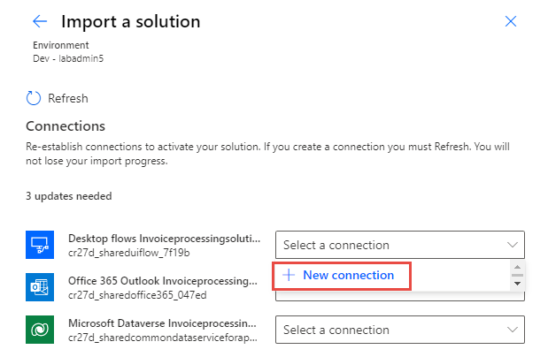 Screenshot showing the New connection option in the Import a solution dialog.