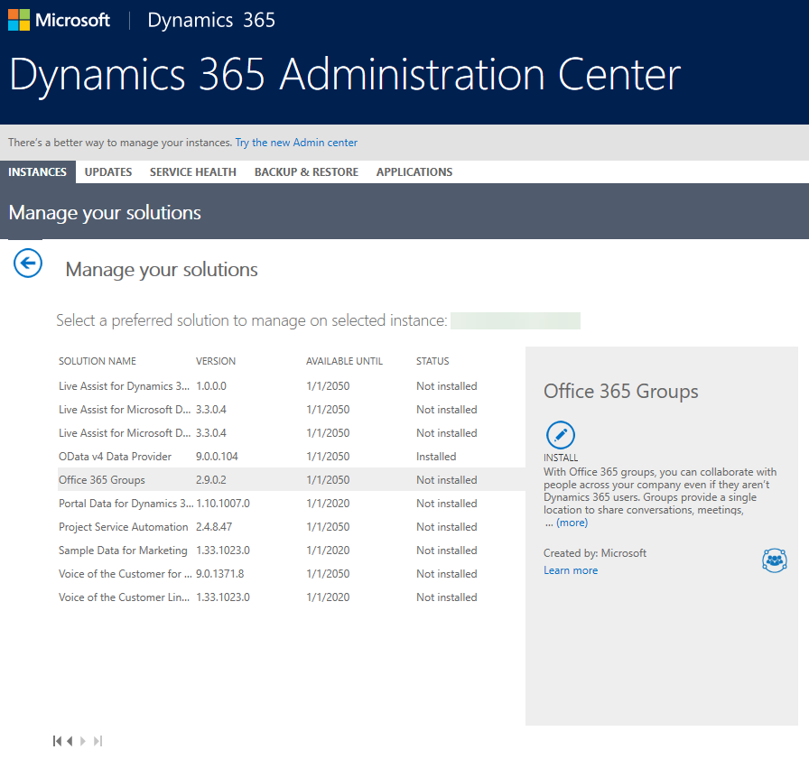 Screenshot showing Microsoft 365 Groups in the Solutions view of the Dynamics 365 admin center