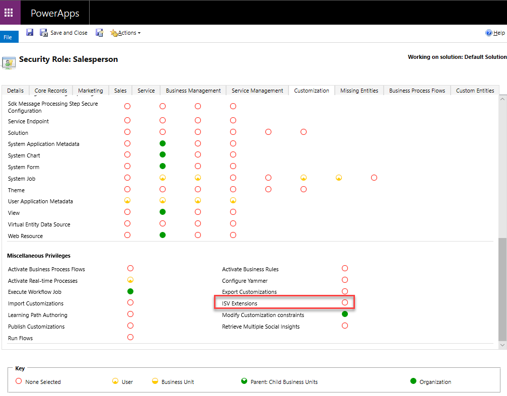 Screenshot showing the ISV Extensions section on a security role