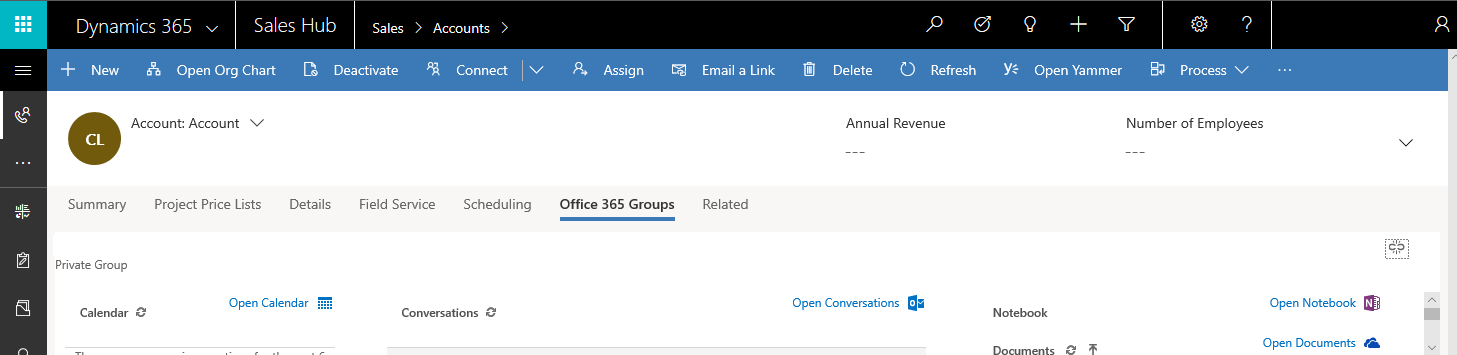 Screenshot showing the Microsoft 365 Groups tab on an account record menu