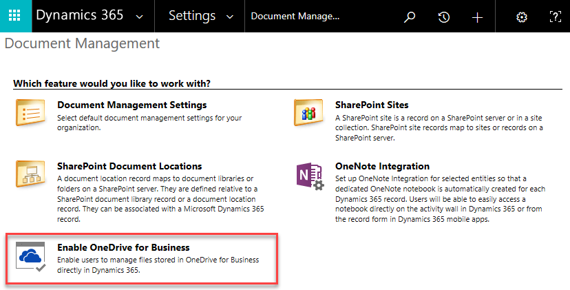 Screenshot showing the enable OneDrive for Business section in the Settings menu
