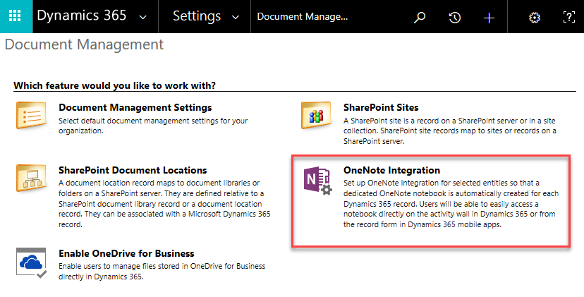 Screenshot showing the OneNote Integration section on the Settings screen