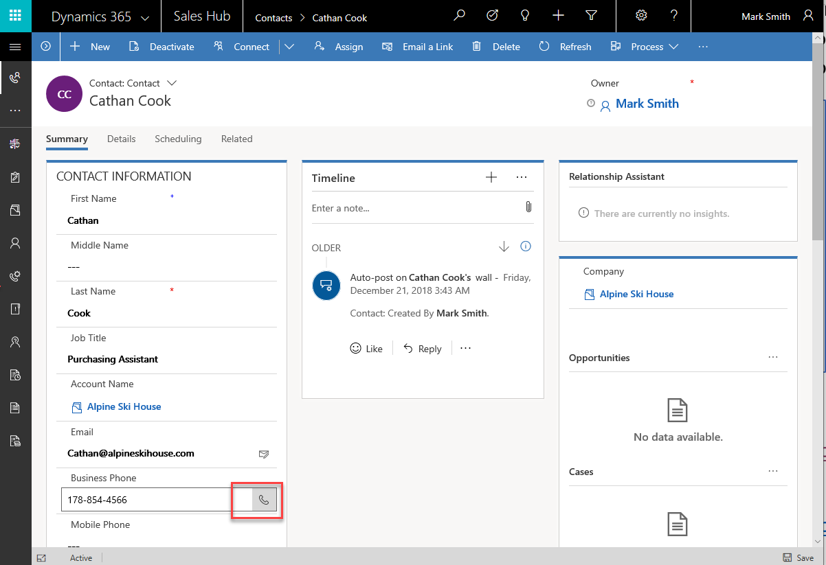 Screenshot showing the phone icon next to a phone number in Dynamics 365