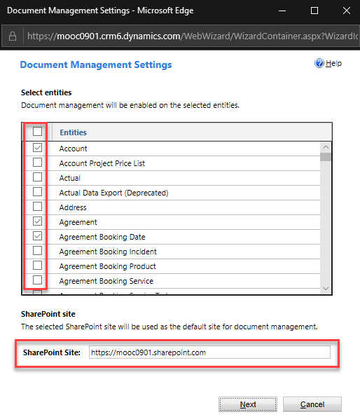 Screenshot showing the entity selection and the SharePoint URL field