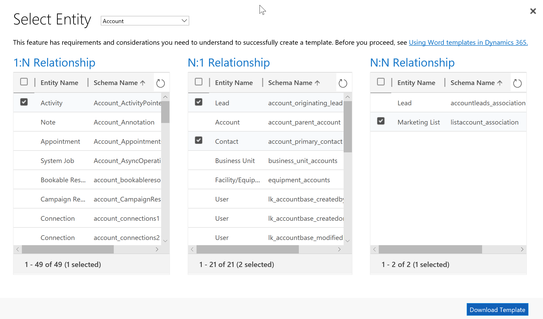 Screenshot of entity and relationship selection for creating a template