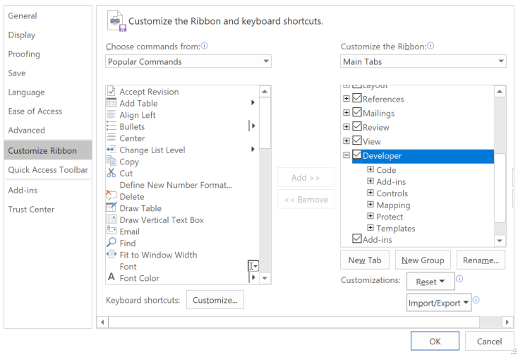 Screenshot showing the customize ribbon menu