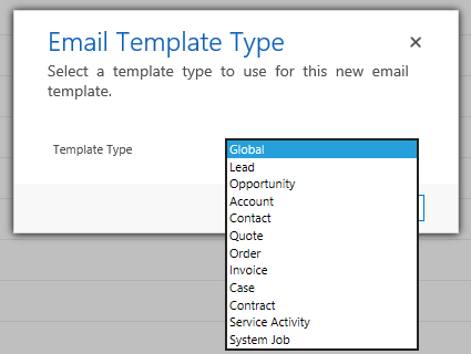Screenshot showing the dropdown of email template types