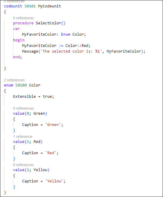 Example of using the Enum object type in AL.