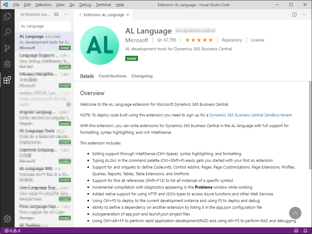 Visual Studio Code AL Language Extension installation page.