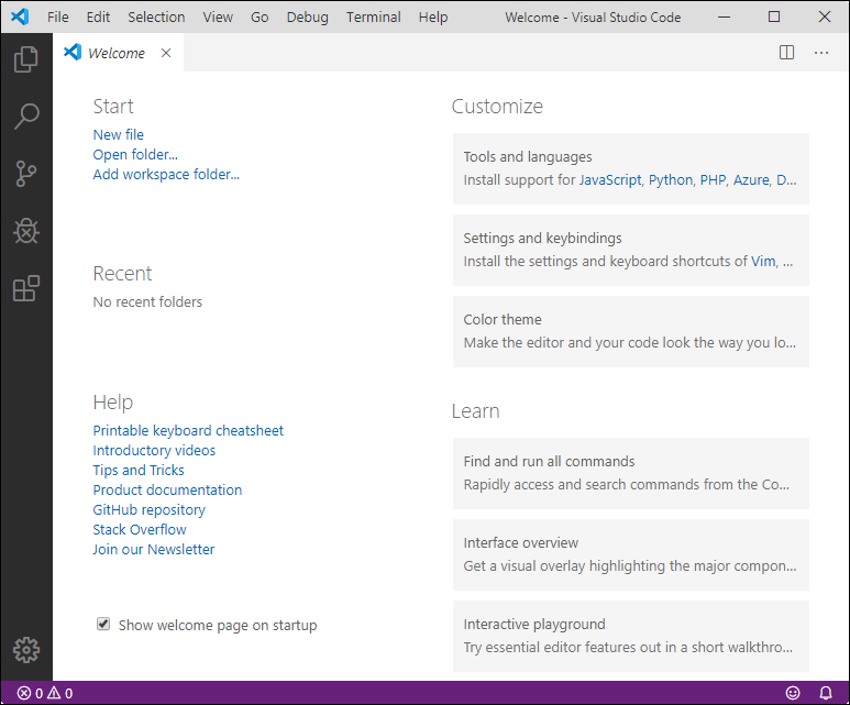 Screenshot of the Visual Studio Code Welcome page.