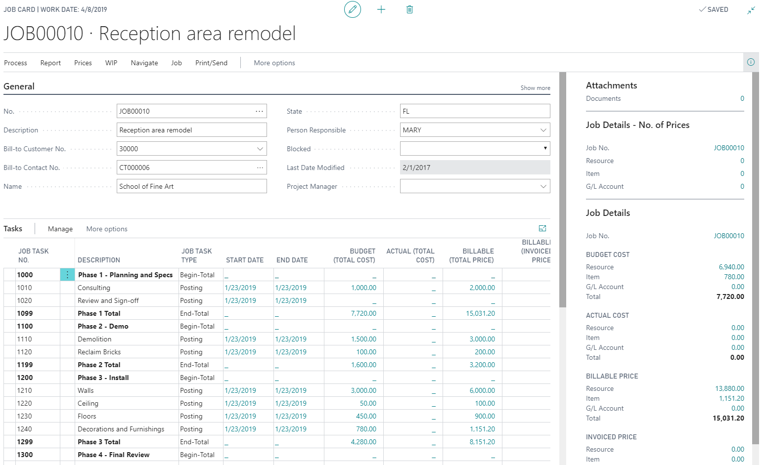 Screenshot of the Job Card page in Business Central.