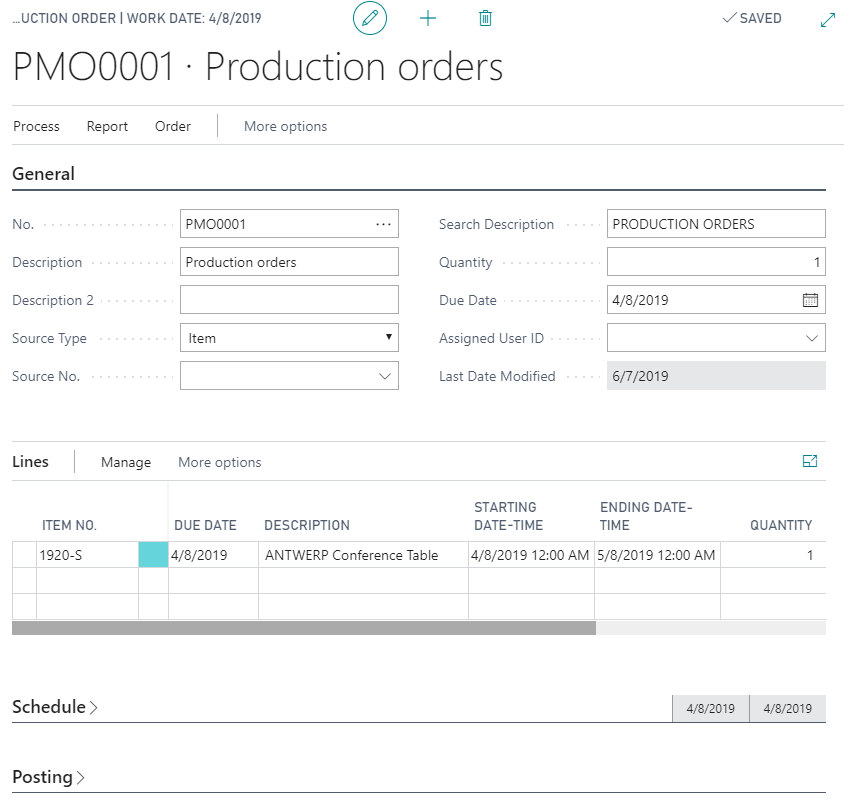 Screenshot of the Production Order page in Business Central.
