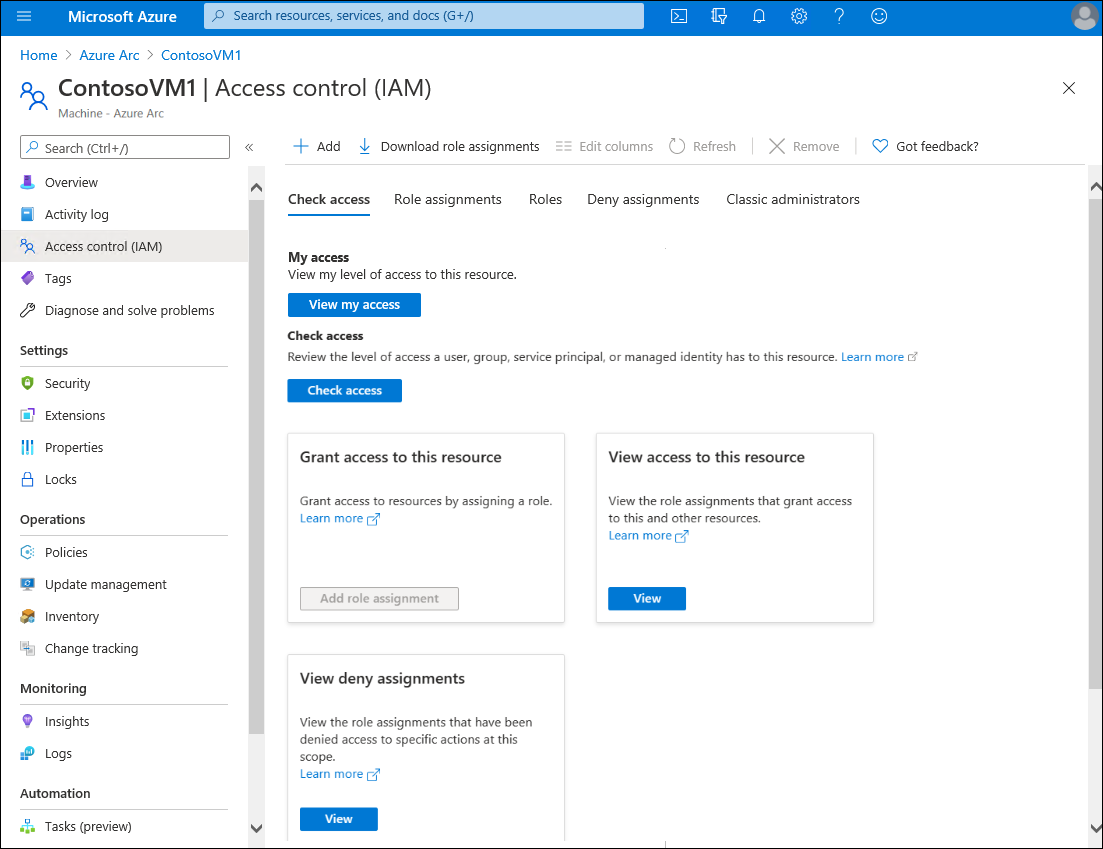 Screenshot of the Access control (IAM) page in the Azure portal for the selected VM: ContosoVM1. The details pane displays a number of tabs: Check access (selected), Role assignments, Deny assignments, Classic administrators, and Roles.