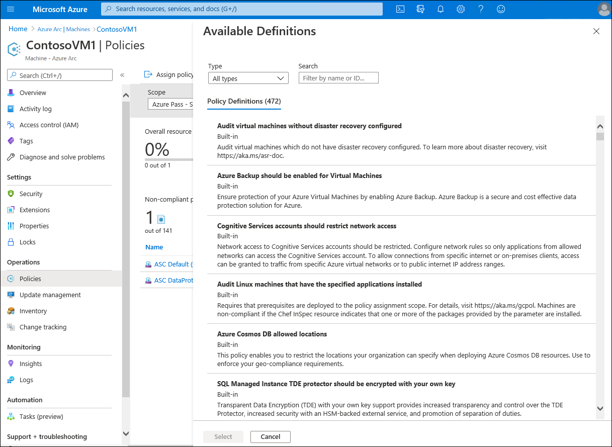 Screenshot that depicts the Assign policy page in the Azure portal. The administrator is selecting from a list of available policies.