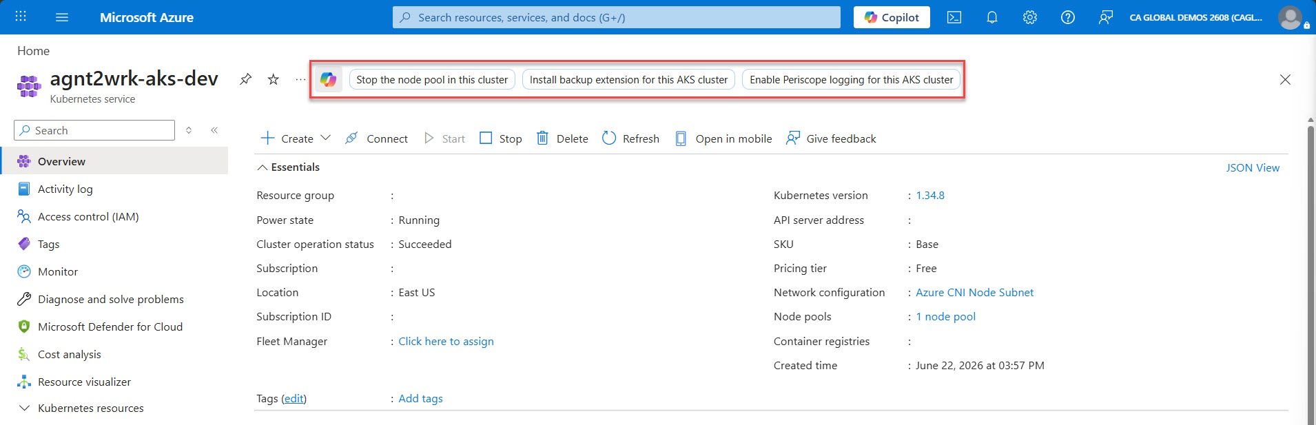 Screenshot of context-aware Copilot suggestions for Azure resources.