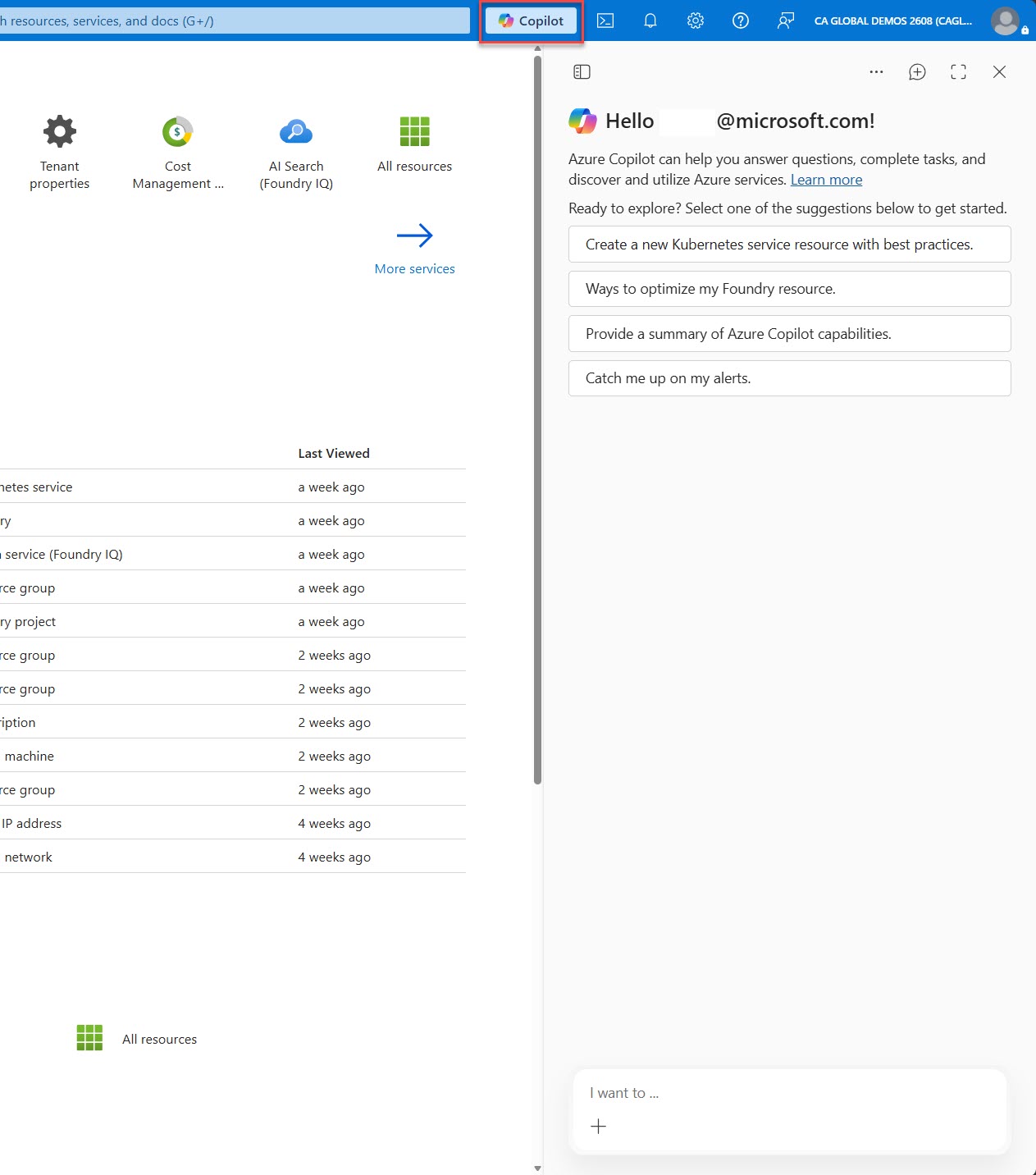 Screenshot of the Copilot icon and pane in the Azure portal.