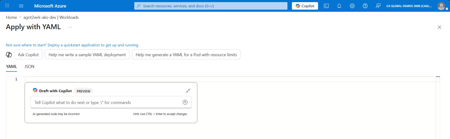 Screenshot of Copilot code support for YAML specification authoring.