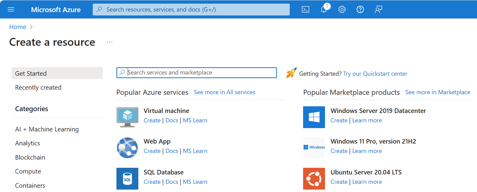 Screenshot that shows the Azure Marketplace Get Started page.